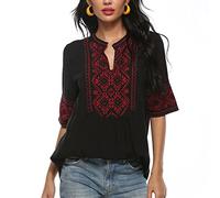 Seasonal Ucrania Mujeres verano blusa Túnica Folclore bordado Tops Boho Hippie Mangas cortas Tops sueltos(073,Negro,L)