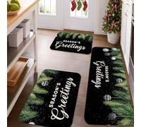 Season's Greetings - Tapetes de cocina para piso, color negro y verde, acolchados, cómodos, lavables, antideslizantes, para fregaderos de cocina, lavadero, baño, 3 unidades
