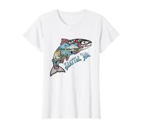 Seattle Salmon Nature & City Skyline Scene Proud Seattleites Camiseta gráfica económica, Mujer, Blanco, S