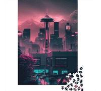 Seattle Skyline Rompecabezas Cyberpunk Neon 1000 Piezas Papel Reciclado para Mujeres, Regalos para Hombres Rompecabezas Divertido Y Desafiante Juego Familiar 38x26cm/1000pcs