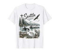 Seattle Washington Nature Scene MT Rainier Orca Eagle Seal Camiseta gráfica económica, Hombre, Blanco, S