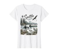 Seattle Washington Nature Scene MT Rainier Orca Eagle Seal Camiseta gráfica económica, Mujer, Blanco, S