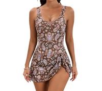 SEAUR 1 Pièce Classique Sport Femme Tankini Robe Maillot Contrôle du Ventre Maillot de Bain Jupette Push Up Imprimé Fleur Brune Swimwear XL