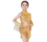 SEAUR Camiseta corta metálica con lentejuelas para niñas, conjunto de baile de ballet, hip hop, jazz, camiseta corta brillante para niños, rumba, hip hop, muñequeras, dorado, 8-9 años