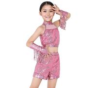 SEAUR Conjunto de baile de ballet para niñas, top corto metálico con lentejuelas, hip hop jazz, camiseta sin mangas corta y brillante para niños, conjuntos de rumba hip hop, muñequeras, rosa, 3-4 años