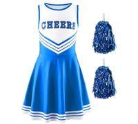 SEAUR Disfraz de animadora para mujer, color azul con pompones, calcetines a rayas, disfraz de animadora sin mangas, uniforme musical deportivo, talla S