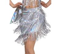 SEAUR Falda latina para mujer, bailando con flecos, metálica, para danza del vientre, de charol, falda de baile, talla única, plata, Talla única