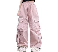 SEAUR Pantalones cargo para niña, pantalones de ocio, holgados, hip hop, pantalones con cintura elástica, lazo, ligeros, delgados, pantalones de verano, 4 bolsillos, ropa de calle para niños de 5 a 14