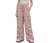 SEAUR Pantalones cargo para niñas, de pierna ancha, informales, cintura elástica, con cordón, pantalones de paracaídas para niñas, pantalones holgados, ropa de calle de 5 a 14 años, rosa, 13-14 años