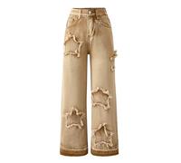 SEAUR Pantalones vaqueros para niña de pierna ancha con cintura elástica Y2K Denim Jean pantalones rectos patrón de estrellas 130-160 = (EU 122-158), caqui, 134