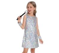 SEAUR Vestido de Baile para Niñas con Lentejuelas y Micrófono para Representaciones Escénicas Ropa de Baile Hip Hop Jazz Ropa Brillante de Street Dance para Niñas de 5 a 13 Años, plata, 5-7 años