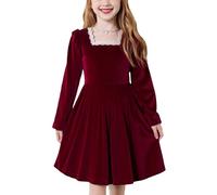 SEAUR - Vestido de terciopelo para niñas de manga larga, vestido de otoño e invierno, cuello cuadrado, borde de encaje, para fiestas, Navidad, 2 a 7 años, rojo, 6-7 Años