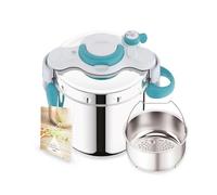 Seb 6 L Pressure Cooker, Induction, Stainless Steel Pressure Cooker, Plegable Handles, 100 Recipe Booklet, Made in France, ClipsoMinut'easy+ Blue P4900716