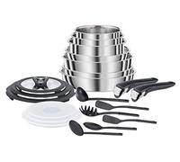 Seb Compact Inox - Batería de cocina (20 piezas, inducción, estufas 22/24/26 cm, cacerolas 16/18/20 cm, sartén 24 cm, tapas de cristal + conservación, espátulas, asas L953SK04
