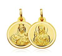 Sebaoth Medalla Escapulario Oro Ley 18K - Virgen del Carmen y Sagrado Corazon de Jesus - Tamaño a elegir (14 mm)