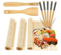 sebudion Juego de 10 piezas de sushi reutilizable, contiene 3 alfombrillas de bambú, 5 pares de palillos, cuchillos y cucharas de arroz, para principiantes y profesionales