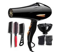 Secador de cabello de 2000 W con difusor, secador de cabello de alta potencia, temperatura de 2 velocidades y 3 (con colector, tobera, capucha, peine, peine de pelo liso)-black