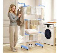 Secadora de ropa HOMCOM, torre extensible con 4 niveles, alas plegables, secadora de ropa con ruedas, torre de lavandería, azul, 73x45.5x177cm