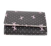 SECFOU Billetera Negra Pequeña de Piel Sintética con Estampado de Lunares y Lazo Rosa, Monedero Triple con 5 Ranuras para Tarjetas, 1 Ventana para Foto y Compartimento para Billetes,