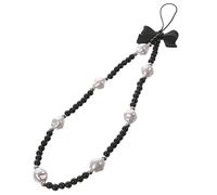 SECFOU Cadena para Teléfono Cuentas de Perlas Negras, Colgante Lazo Decorativo, Cuerda Antipérdida para Muñeca, Accesorio Ligero y Práctico para Móviles y Bolsos, Diseño Artesanal