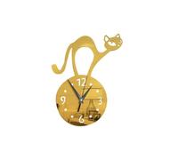 SECFOU Reloj Colgante de Pared Diseño de Gato Dorado en Acrílico, Adhesivo Decorativo Espejo, Silencioso y Fácil de Limpiar, Adecuado para Oficina o Librería