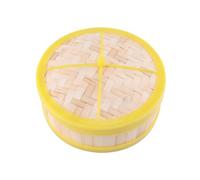 SECFOU Vaporera de Bambú con Tapa de 20 Cm, Cesta de Vapor para Bollos y Dim Sum, Borde Plástico Amarillo, Cesta Nivel para Cocinar Verduras y Arroz al Vapor