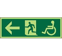 Seco DDA Fire Exit - Señal de pictograma de flecha apuntando a la izquierda, hombre corriendo a la izquierda, silla de rueda, 450 mm x 150 mm, acrílico fotoluminiscente de 2 mm Prestige