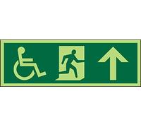 Seco DDA Fire Exit - Wheel Chair, Man Running Right, Arrow Pointing Up Pictogram Sign, 450mm x 150mm - Photoluminescent Self Adhesive Vinyl