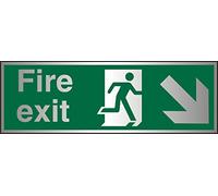 Seco Fire Exit - Fire Exit, Man Running Right, Arrow Pointing Down & Right Sign, 300mm x 100mm - Brushed Aluminium Acrylic