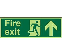 Seco Fire Exit - Fire Exit, Man Running Right, Arrow Pointing Up Sign, 300mm x 100mm - Photoluminescent Self Adhesive Vinyl