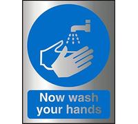 Seco Letrero con texto en inglés "Now Wash Your Hands", 150 mm x 200 mm - 2 mm de aluminio cepillado efecto acrílico