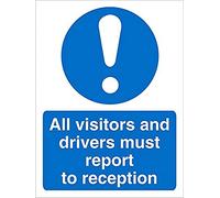 Seco Letrero de 150 mm x 200 mm, plástico semirrígido de 1 mm, con texto en inglés "All Visitors and Drivers Must Report to Reception"