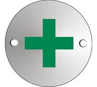 Seco Letrero de pictograma de primeros auxilios, 72 mm de diámetro, 1,5 mm de aluminio anodizado satinado