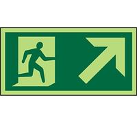 Seco Señal con pictograma de salida de incendios con texto en inglés "Man Running Right & Arrow Pointing Up & Right", 300 mm x 150 mm, vinilo autoadhesivo fotoluminiscente