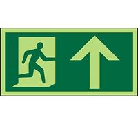 Seco Señal con pictograma de salida de incendios con texto en inglés "Man Running Right & Arrow Pointing Up", 300 mm x 150 mm, plástico semirrígido fotoluminiscente de 1 mm