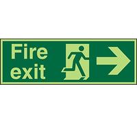 Seco Señal de salida de incendios con texto en inglés "Fire Exit, Man Running Right", 450 mm x 150 mm, vinilo autoadhesivo fotoluminiscente