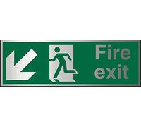 Seco Señal de salida de incendios - Flecha apuntando hacia abajo y hacia la izquierda, hombre corriendo a la izquierda, señal de salida de incendios, 300 mm x 100 mm - 1,5 mm compuesto de aluminio cepillado