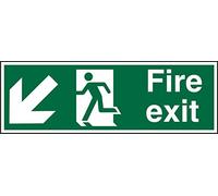 Seco Señal de salida de incendios - Flecha apuntando hacia abajo y izquierda, hombre corriendo izquierda, señal de salida de incendios, 450 mm x 150 mm - vinilo autoadhesivo
