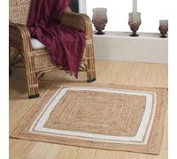 Second Nature Online KHIDAKEE Alfombra cuadrada de yute | De origen ético | Ecológica | Tejido a mano | Fibra natural con diseño de rayas blancas | Tamaño grande (150 x 150 cm)