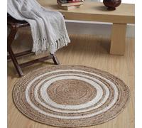Second Nature Online KHIDAKEE - Alfombra redonda de yute de origen ético, respetuosa con el medio ambiente, tejida a mano, fibra natural con diseño de rayas blancas, tamaño pequeño (60 cm de diámetro)