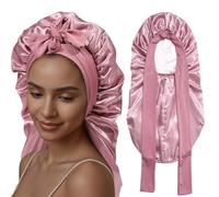 SECRET AROMA Gorro largo para dormir para mujer, de seda de doble capa con banda elástica para atar. Gorro largo para trenzas y cuidado del cabello rizado
