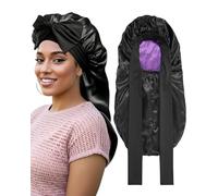 SECRET AROMA Gorro largo para dormir para mujer, de seda de doble capa con banda elástica para atar. Gorro largo para trenzas y cuidado del cabello rizado