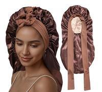 SECRET AROMA Gorro largo para dormir para mujer, de seda de doble capa con banda elástica para atar. Gorro largo para trenzas y cuidado del cabello rizado