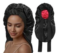 SECRET AROMA Gorro largo para dormir para mujer, de seda de doble capa con banda elástica para atar. Gorro largo para trenzas y cuidado del cabello rizado
