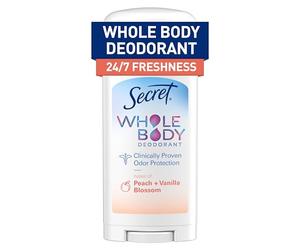 Secret Whole Body Stick - Desodorante sin aluminio para mujer, aroma a melocotón y vainilla, 2.4 onzas
