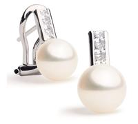 SECRET & YOU Pendientes Mujer Perlas Cultivadas Agua Dulce Botón 8-9 mm | Plata de Ley 925 Bañada en Rodio y Circonitas Talla Princesa | Cierre Omega Cómodo | Calidad AAA