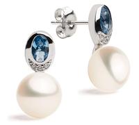 SECRET & YOU Pendientes Mujer Perlas Cultivadas de Agua Dulce Botón 8-9 mm | Plata de Ley 925 Bañada en Rodio con Espinela Azul y Circonitas | Diseño Tú y Yo Elegante | Calidad AAA