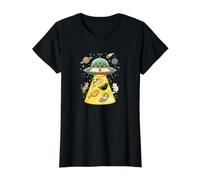 Secuestro de Gato Divertido Extraterrestre OVNI Camiseta gráfica económica, Mujer, Negro, L