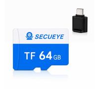 SECUEYE Tarjeta de memoria TF de 64 GB con adaptador tipo C FAT32 Clase 10 de alta velocidad de lectura/escritura 24/7 grabación de video para cámara de seguridad, smartphone, tablet (64 GB + lector