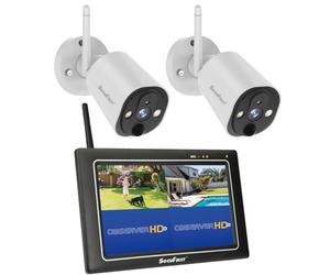SecuFirst 2K Cámara de Seguridad para Exteriores con Monitor Interior,7" Pantalla táctil NVR + 2X Cámara vigilancia Exterior,Vigilabebés Wor sin Wi-Fi, Detector de Movimiento AI,Memoria de 64 GB.